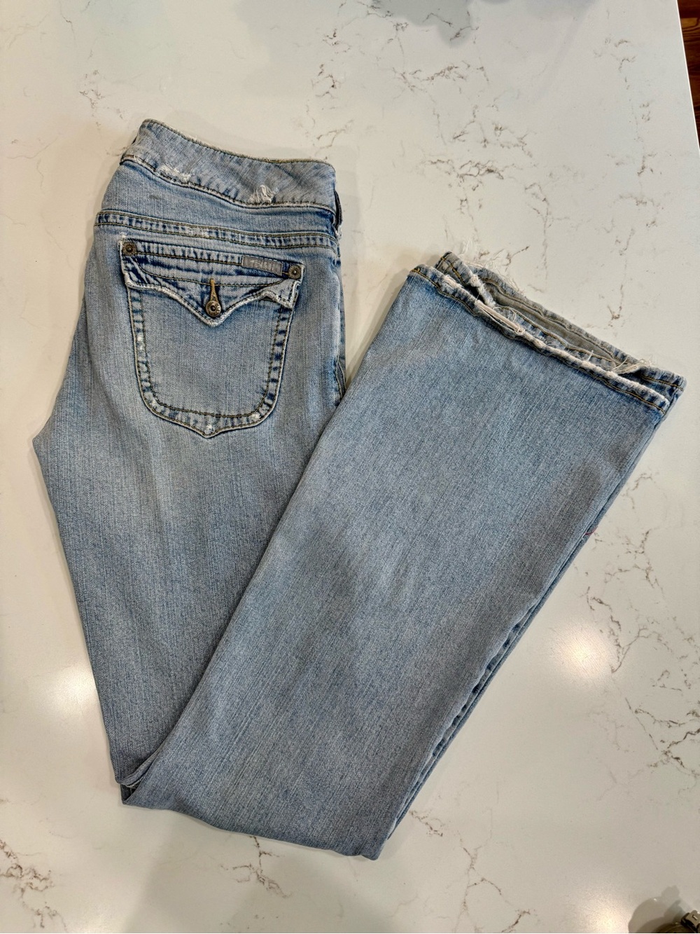 Vintage Y2K Silver Jeans Distressed Flap Pocket Lt Blue Flare Leg Size 31